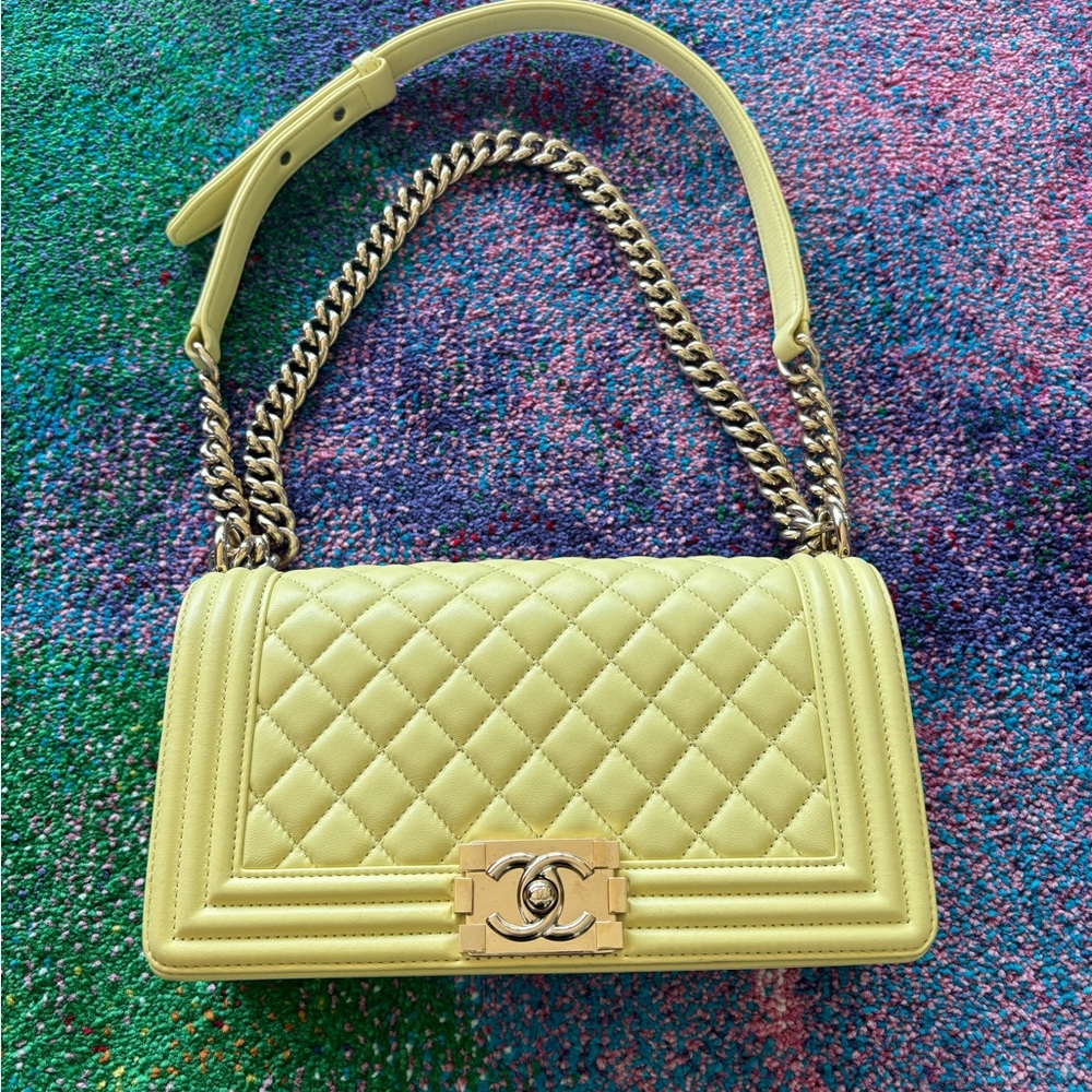 CHANEL Boy bag in Pastel Yellow with Gold Hardware sz OLD MEDIUM Great Condition